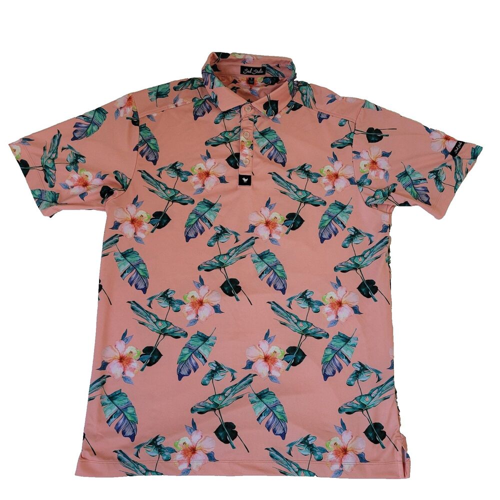 Bad Birdie Polo Shirt Mens M Pink Floral Golf Performance Short Sleeve